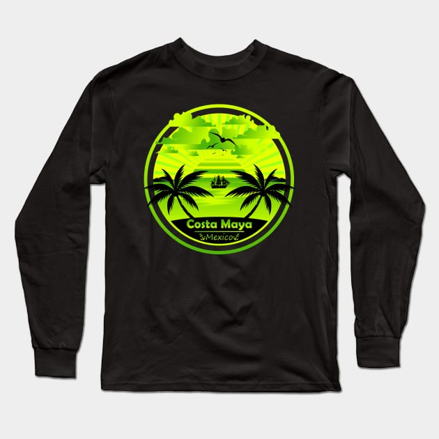 Costa Maya Beach Mexico, Palm Trees Sunset Summer Long Sleeve T-Shirt by Jahmar Anderson